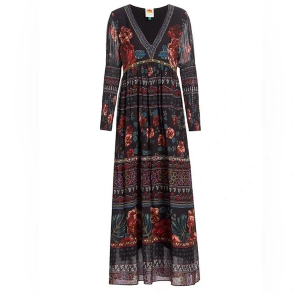NWT RARE FARM Rio Black/Multicolor Embroidered Floral Long Sleeve Maxi Dress L